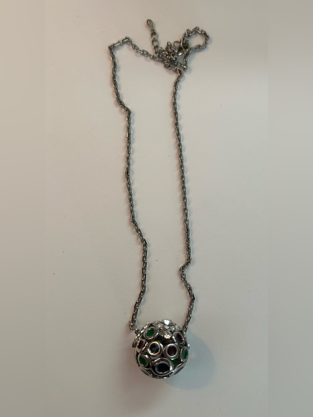 Silver tone Necklace with Green and Black Accent Orb Pendant